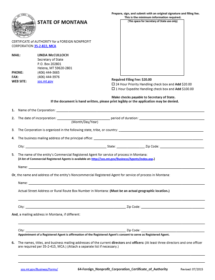 Free Montana Certificate of Authority for a Foreign Nonprofit Corporation