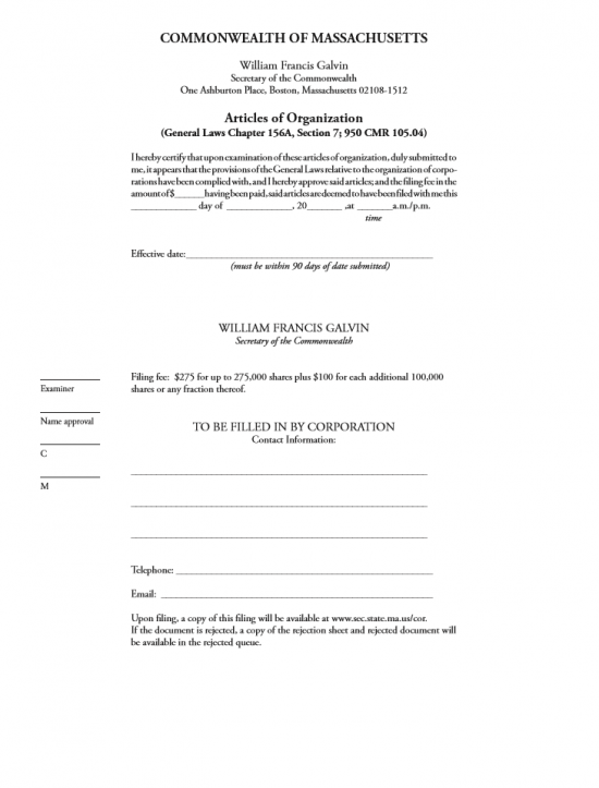 Free Massachusetts Articles Of Organization Professional Corporation 