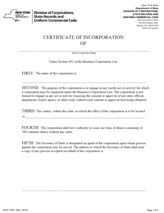 Free New York Certificate of Incorporation Business Corporation