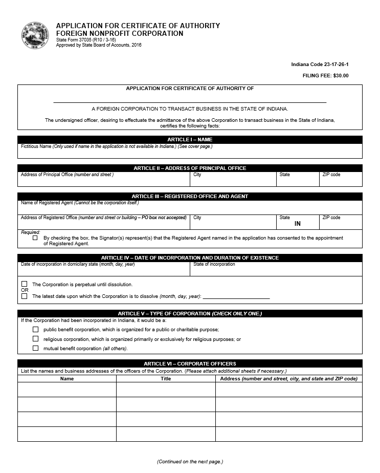 Free Indiana Application For Certificate Of Authority Foreign NonProfit Corporation State Form 