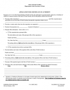 Free The North Carolina Application For Certificate Of Authority 