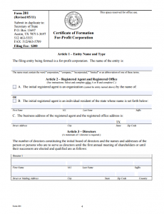 Free Texas Certificate of Formation For Profit Corporation | Form 201