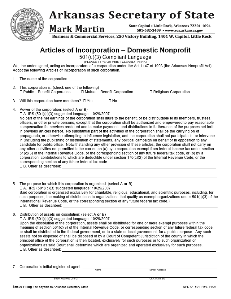 Arkansas Articles of Incorporation