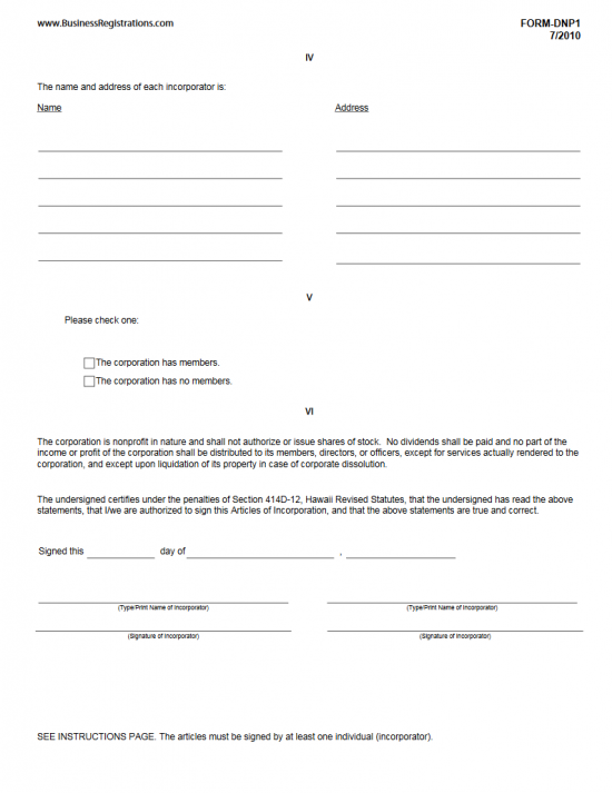 Free Hawaii Articles of Incorporation for NonProfit Corporations Form
