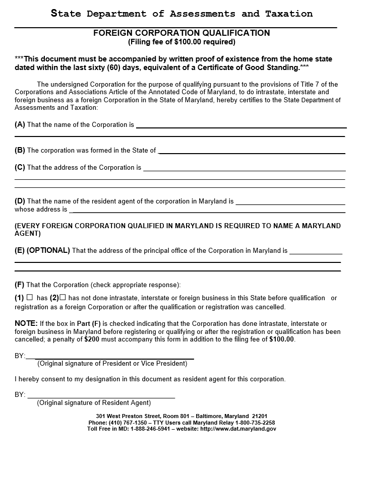 maryland foreign corporation qualification instructions