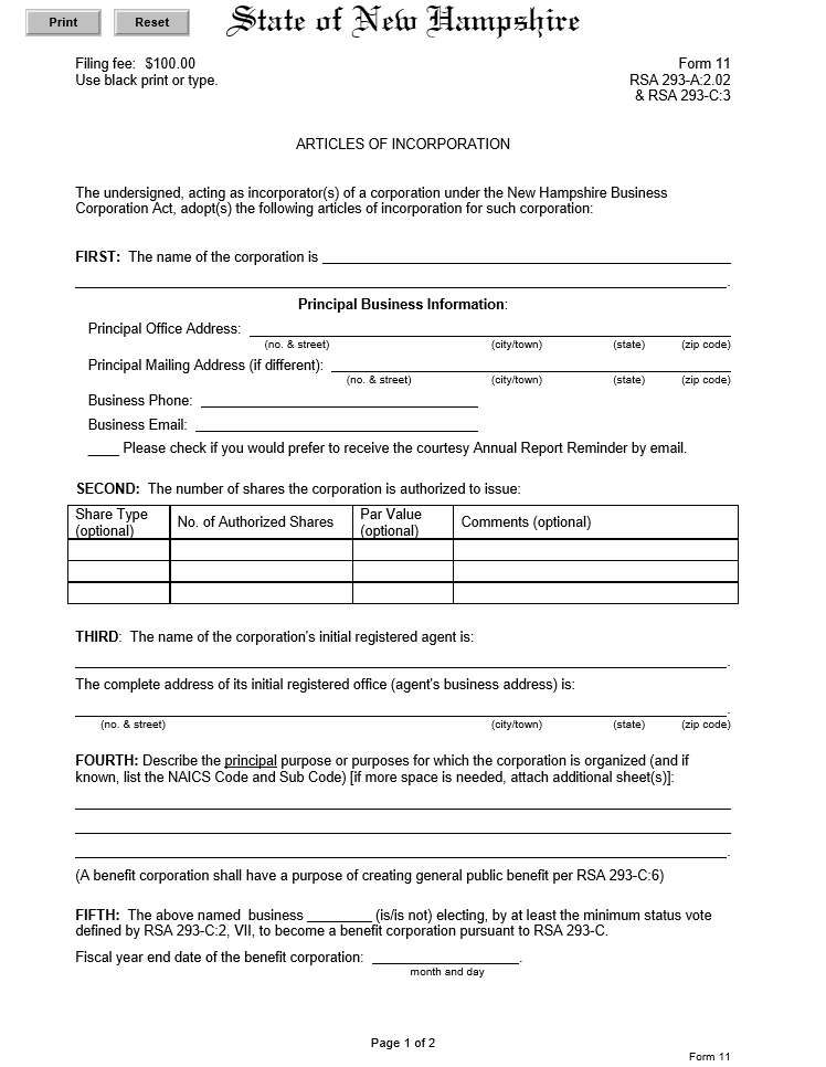 New Hampshire Certificate of Organization