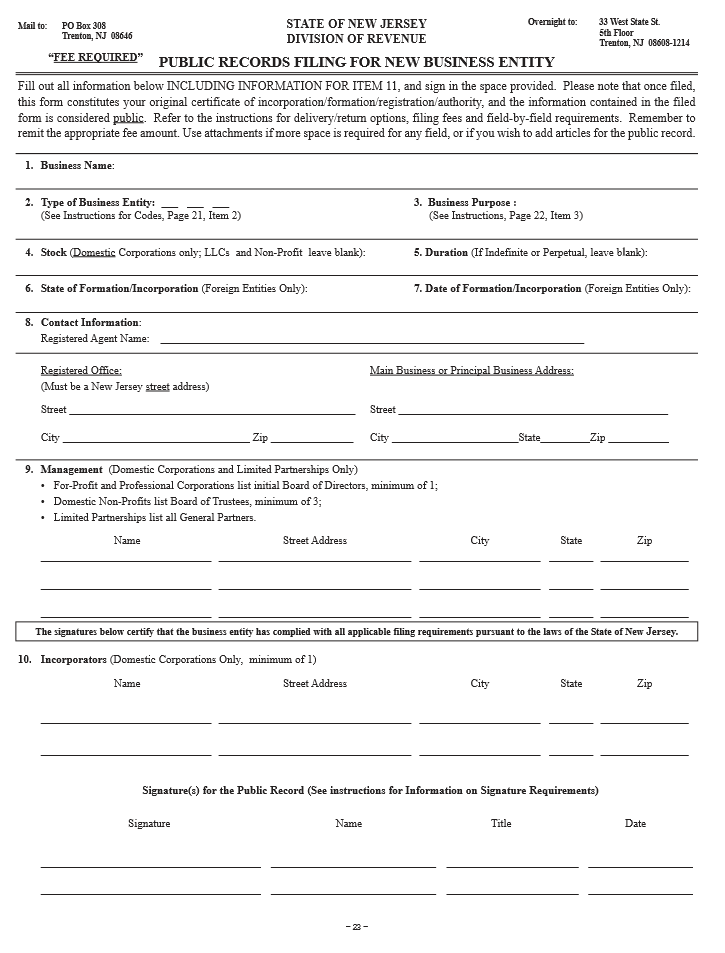 Free New Jersey Articles of Incorporation