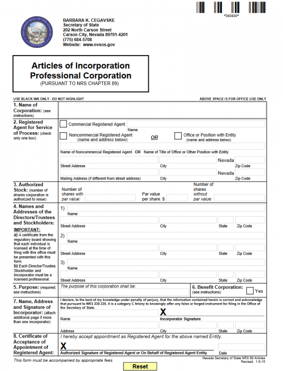 Free Nevada Articles Of Incorporation For A Professional Corporation