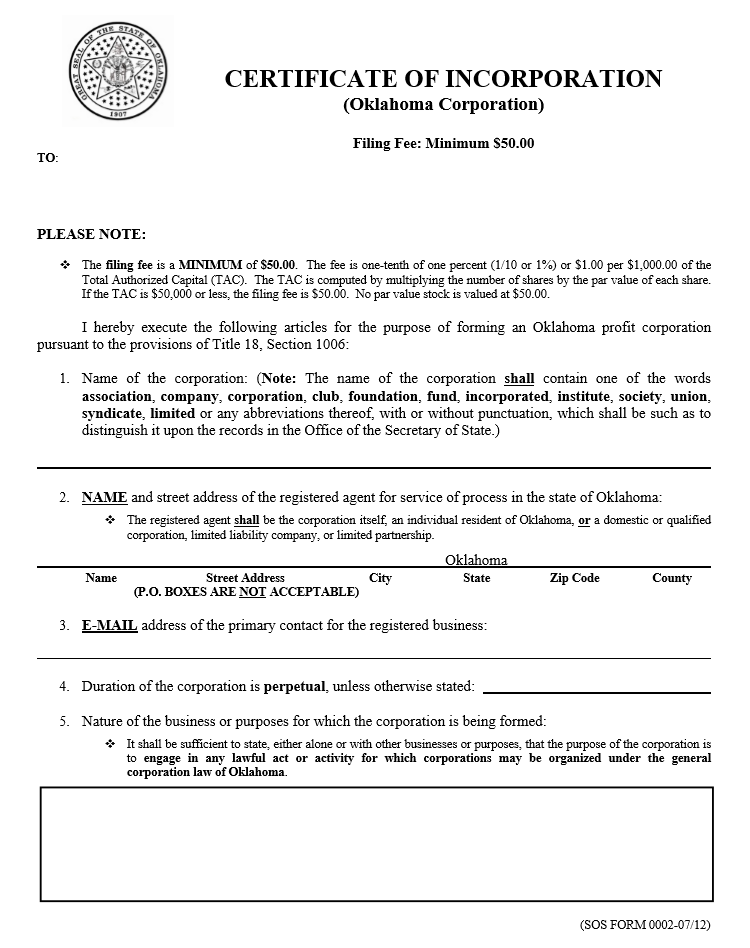 Oklahoma Certificate of Organization