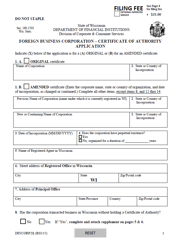 Wisconsin Certificate of Organization